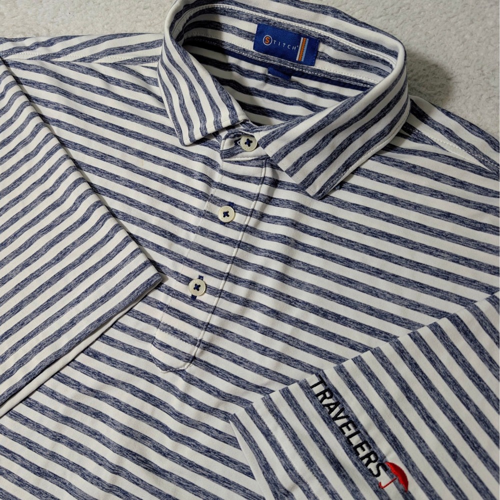 Stitch Golf Polo Mens Med Blue White Striped Travelers Logo Stretch Short Sleeve
